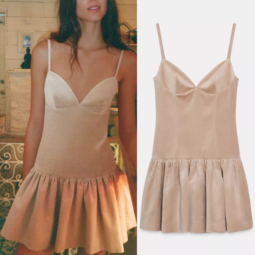 Zara NWT velvet spaghetti strap voluminous ruffle hem light pale pink mini dress